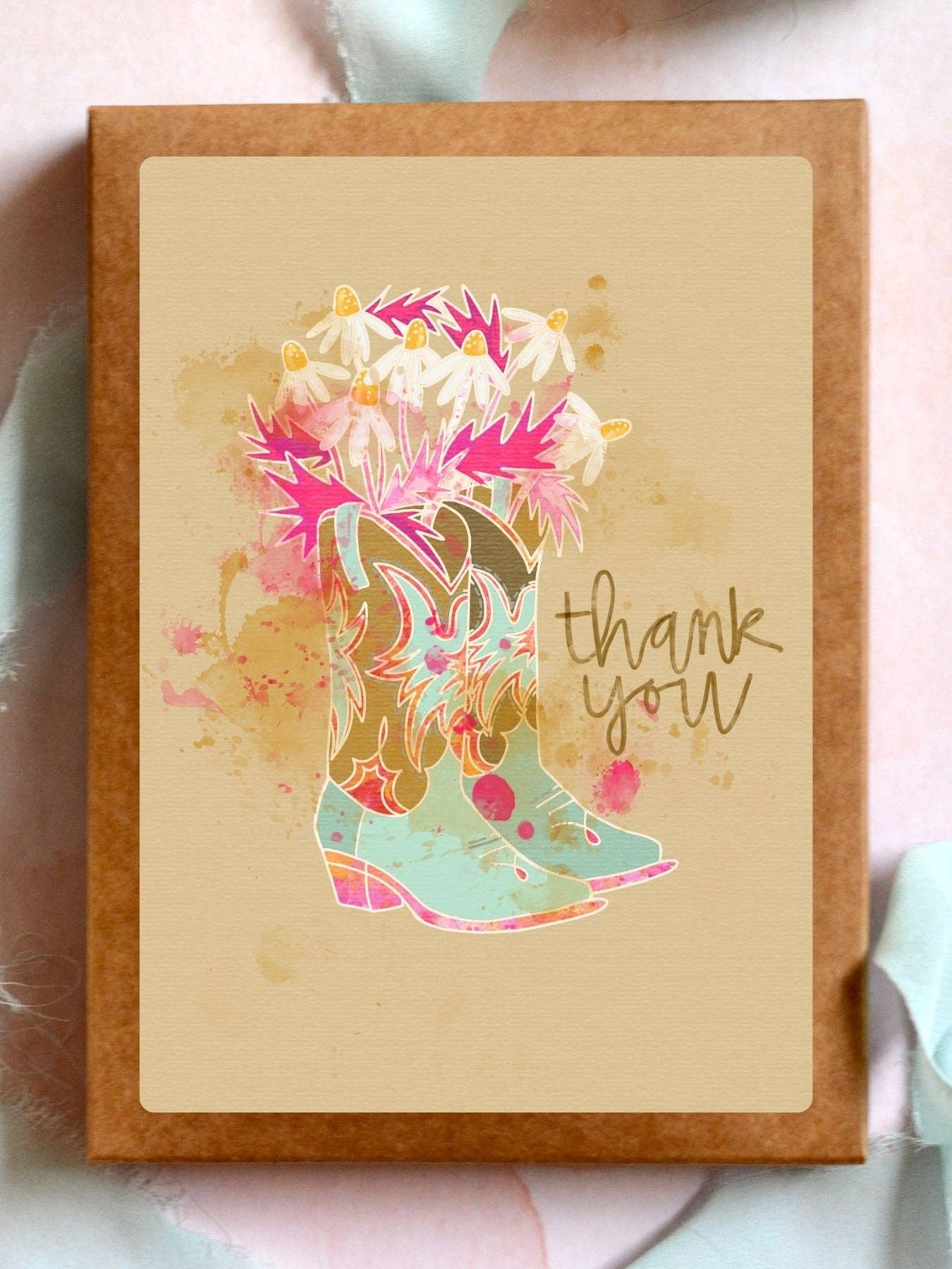 Tirzah Lane Art - Western Floral Daisy Pink Cowgirl Boot Thank You Card Set