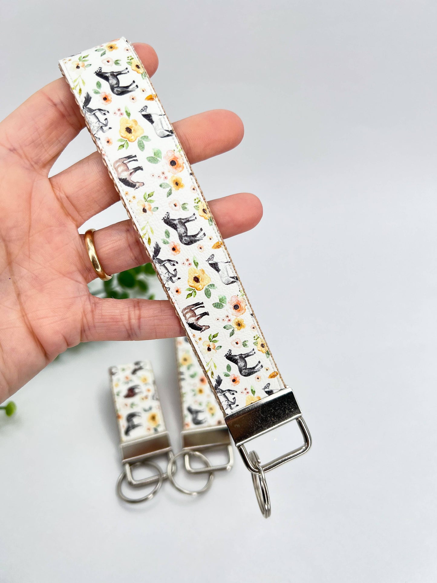 Horses Cream Sunset Floral Vegan Leather Equestrian Keychain