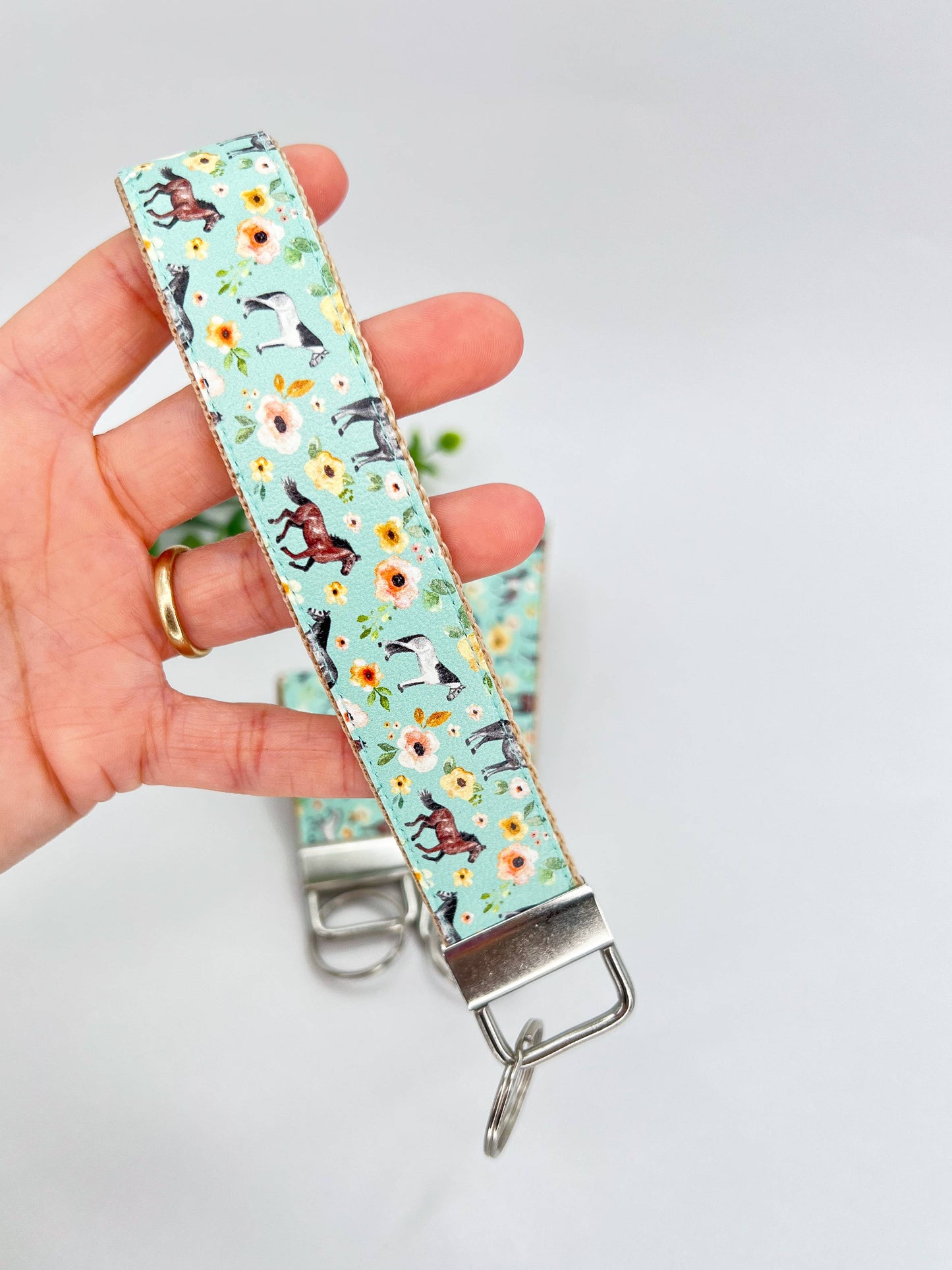 Horses Mint Sunset Floral Vegan Leather Equestrian Keychain