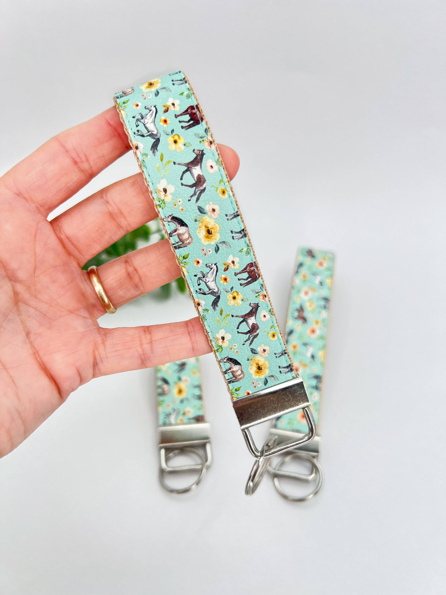 Horses Mint Sunset Floral Vegan Leather Equestrian Keychain