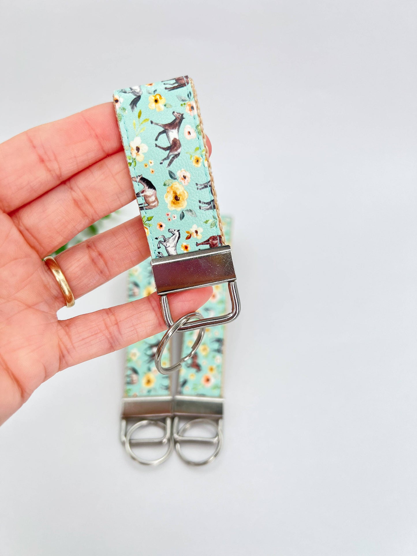 Horses Mint Sunset Floral Vegan Leather Equestrian Keychain