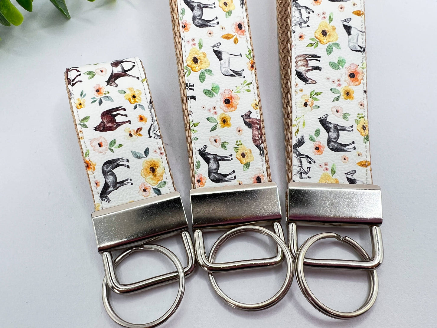 Horses Cream Sunset Floral Vegan Leather Equestrian Keychain