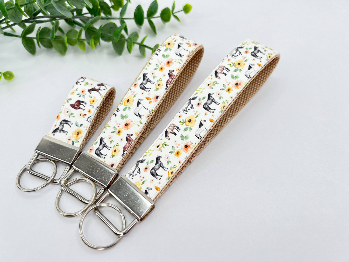 Horses Cream Sunset Floral Vegan Leather Equestrian Keychain