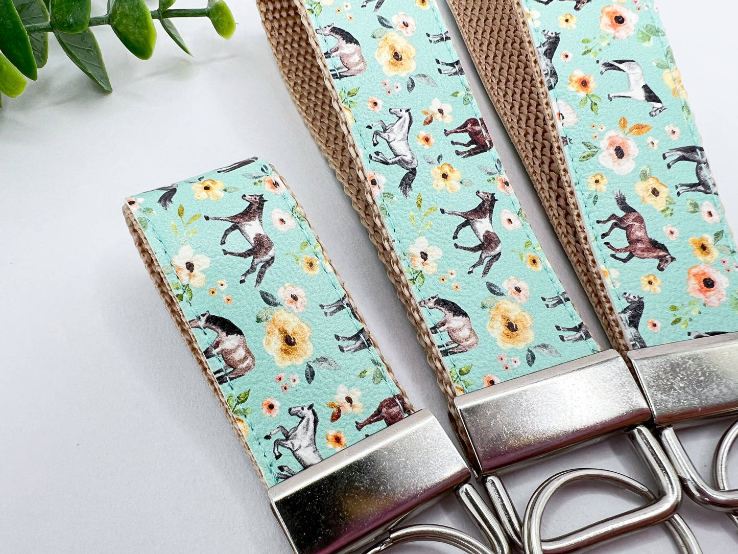 Horses Mint Sunset Floral Vegan Leather Equestrian Keychain