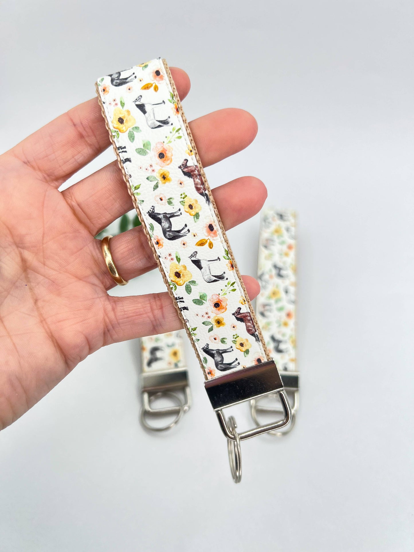 Horses Cream Sunset Floral Vegan Leather Equestrian Keychain