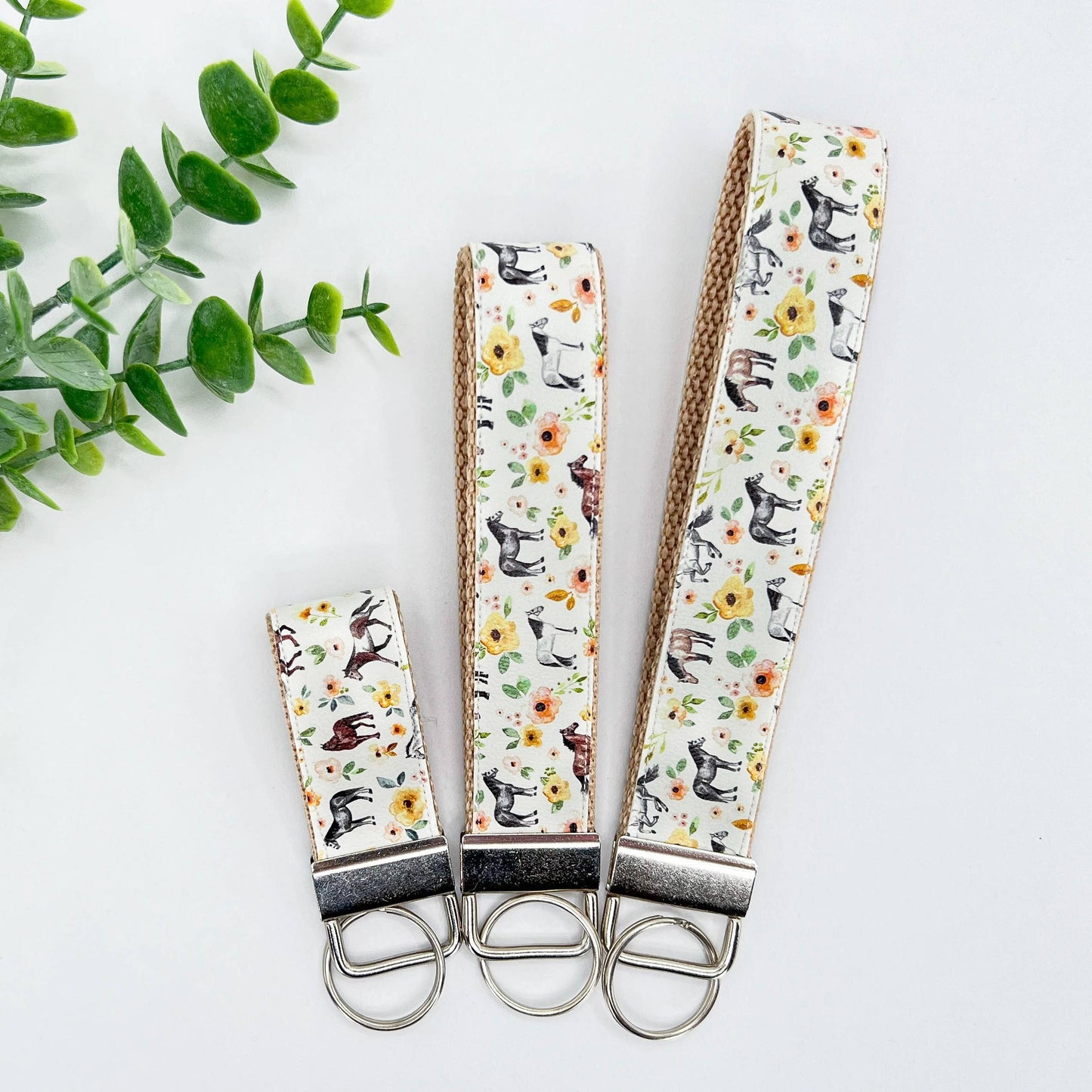 Horses Cream Sunset Floral Vegan Leather Equestrian Keychain