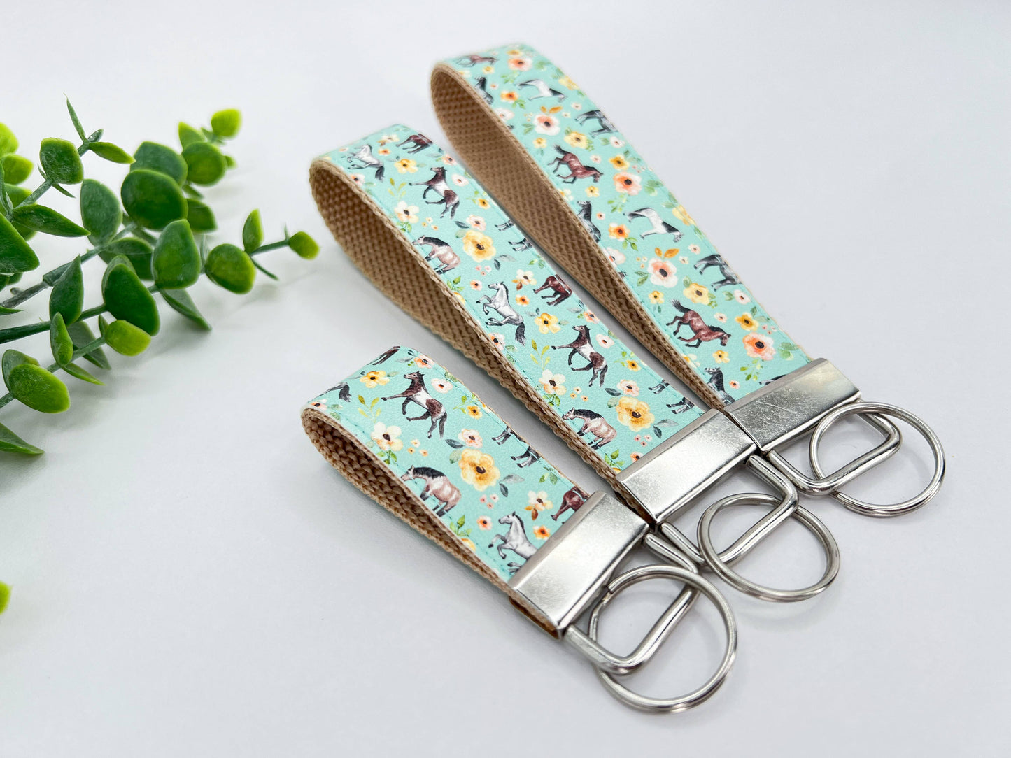 Horses Mint Sunset Floral Vegan Leather Equestrian Keychain