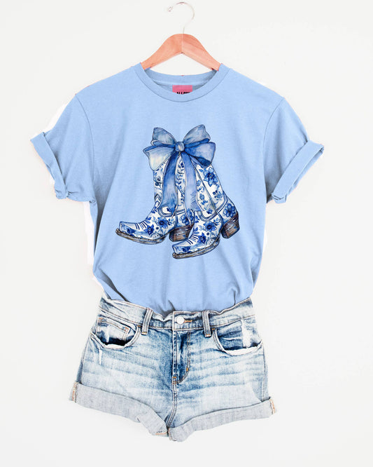 Blue Belle Boots Western Graphic T-Shirt - Light Blue Tee