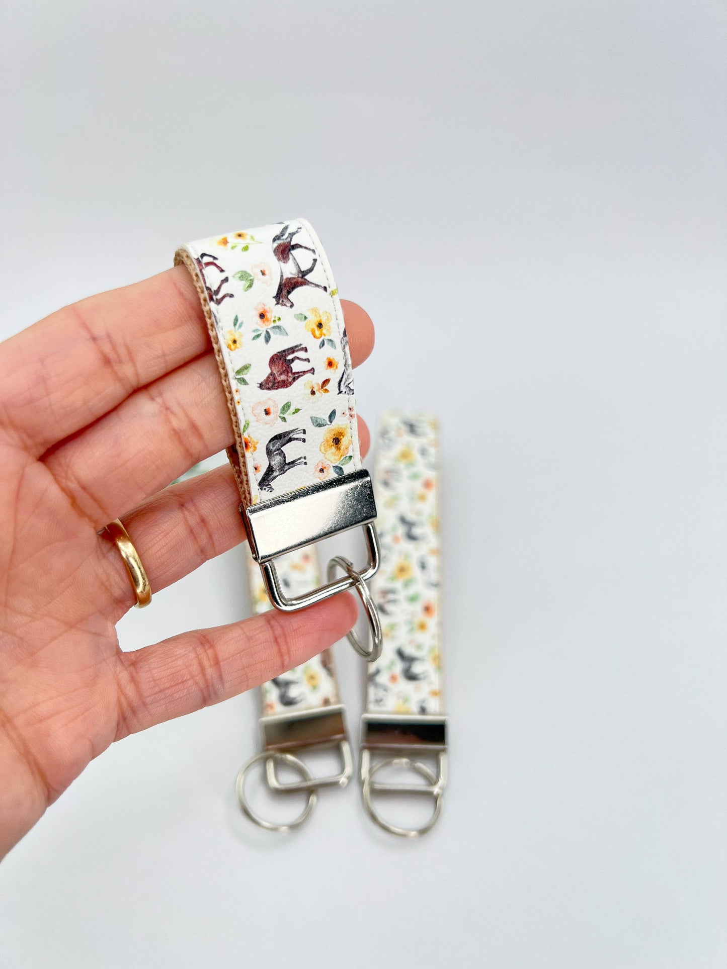 Horses Cream Sunset Floral Vegan Leather Equestrian Keychain