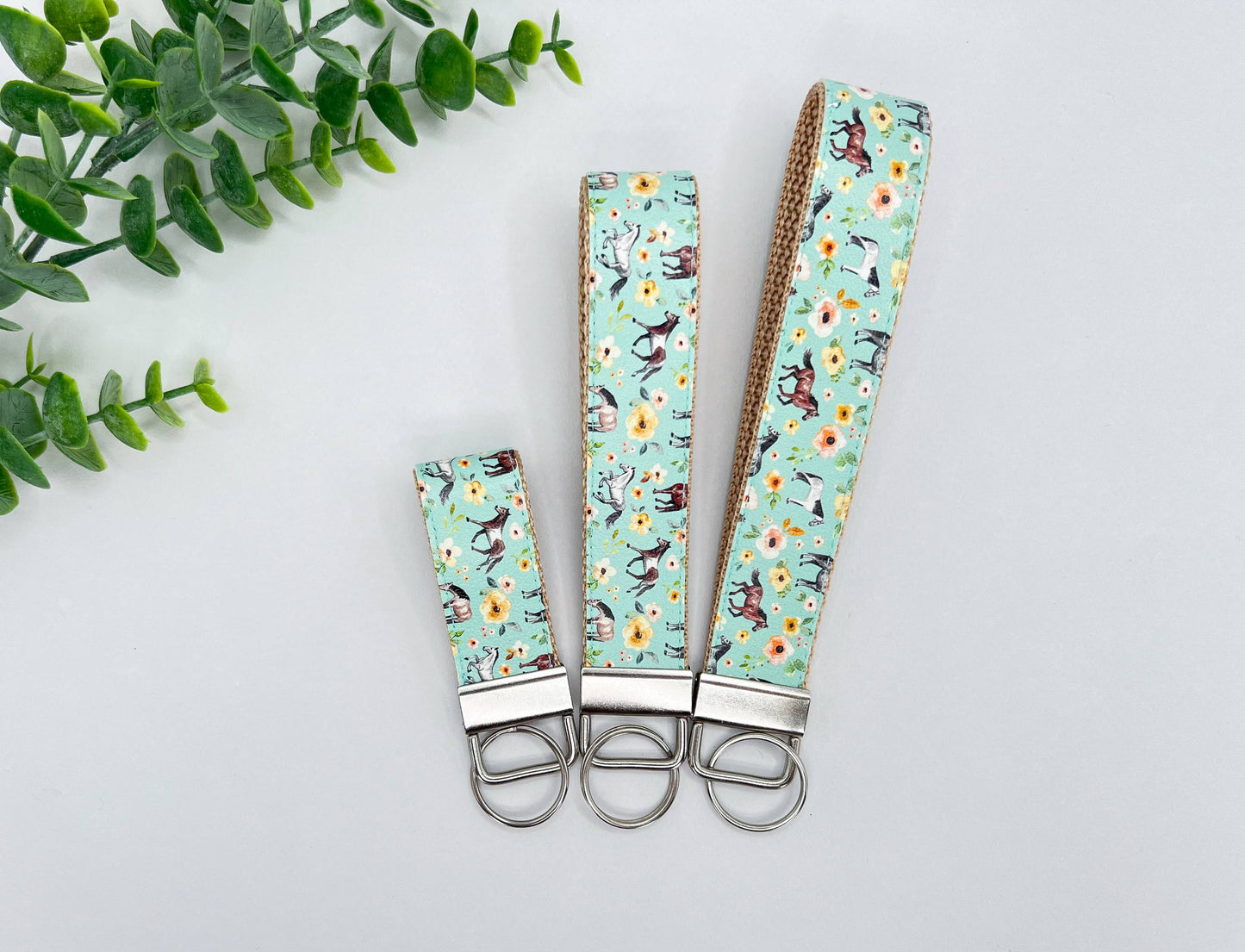 Horses Mint Sunset Floral Vegan Leather Equestrian Keychain