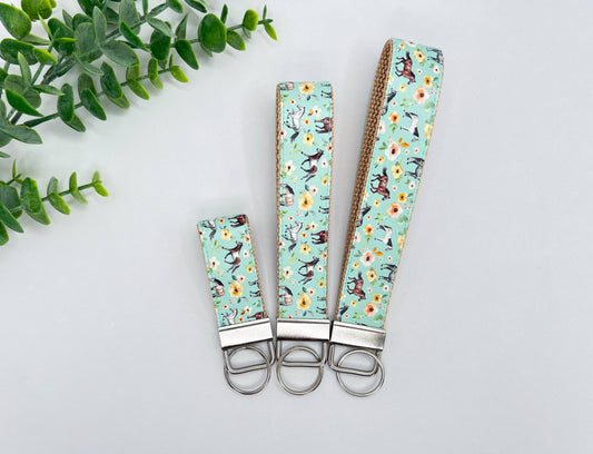 Horses Mint Sunset Floral Vegan Leather Equestrian Keychain