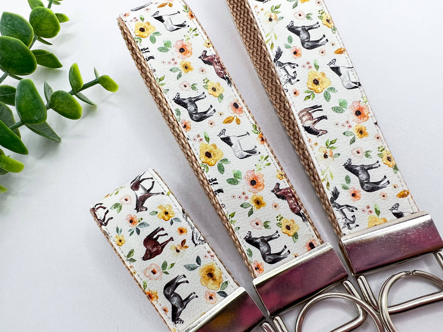 Horses Cream Sunset Floral Vegan Leather Equestrian Keychain